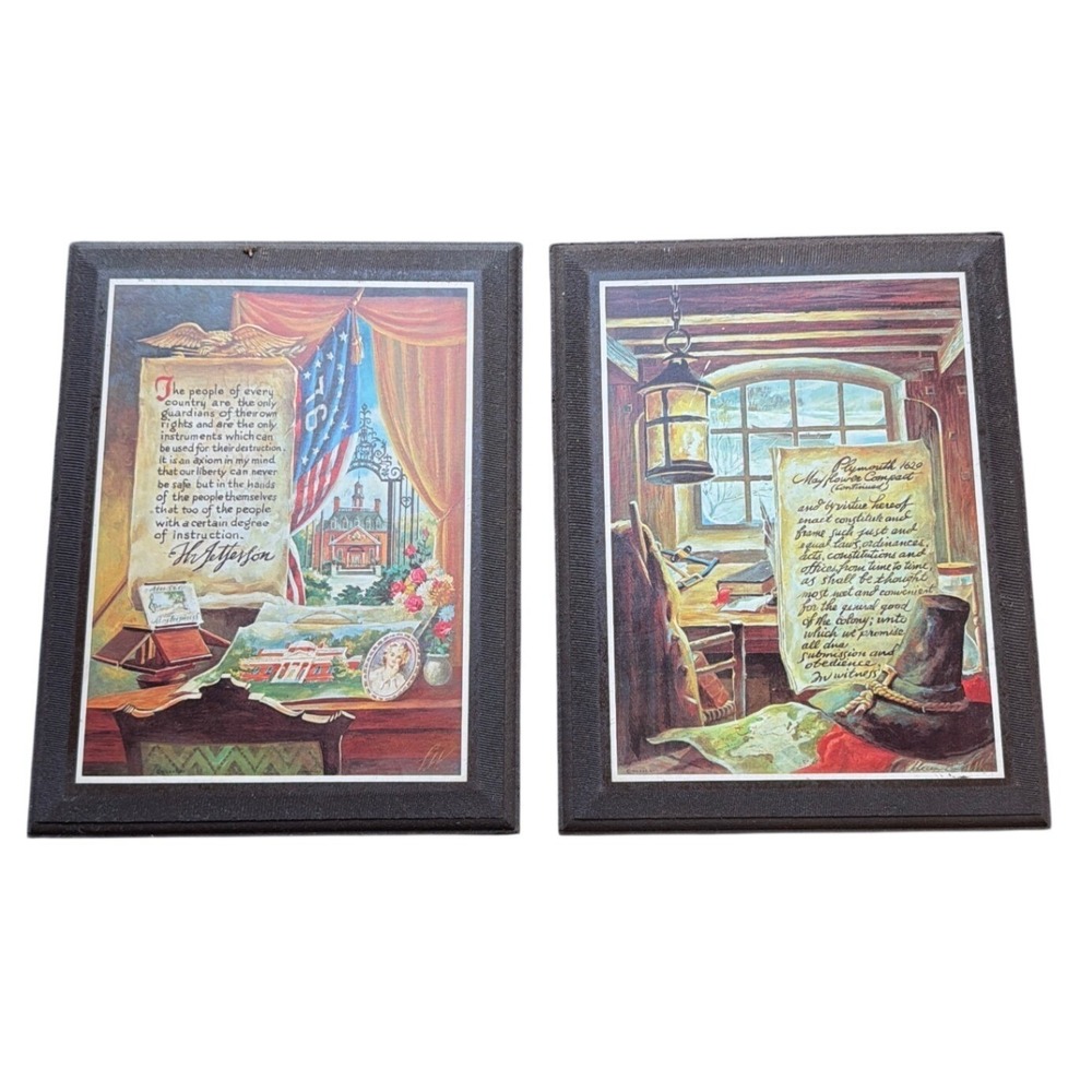Set of 2 Vintage Patriotic Wall Decor Thomas Jefferson Plymouth Colony Americana
